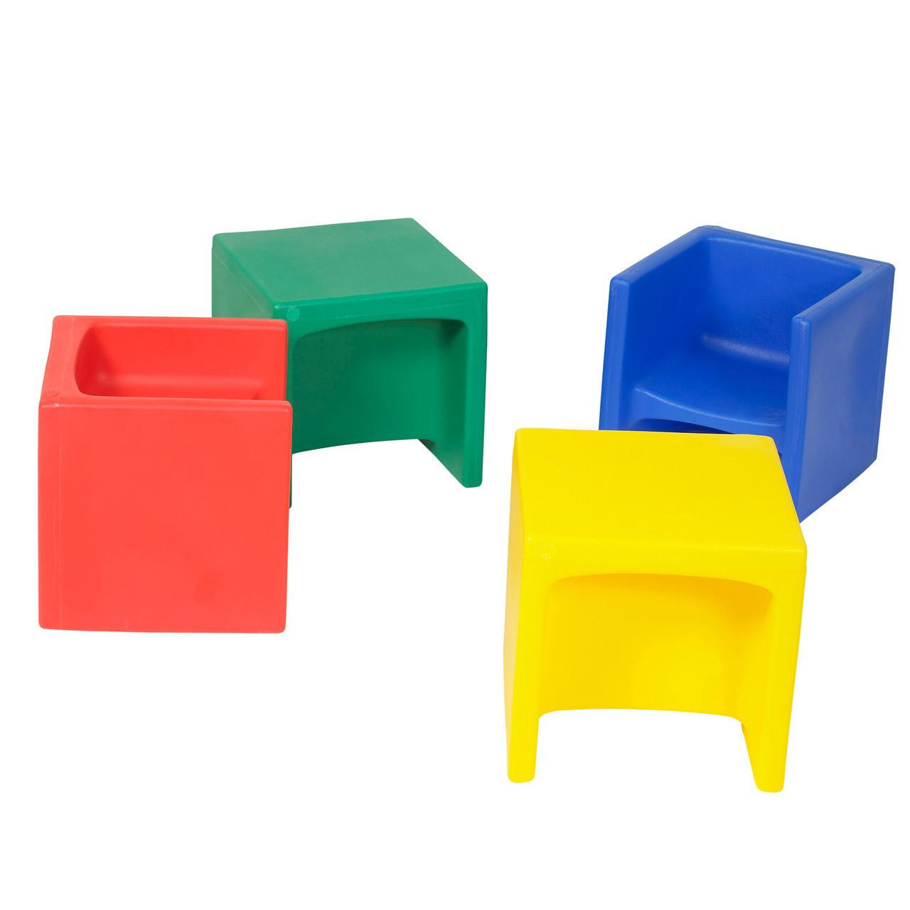 Children's Factory Children's Cube Chairs - 4 Primary Colors, colorful plastic cube chairs in red, green, blue, and yellow for children's seating.